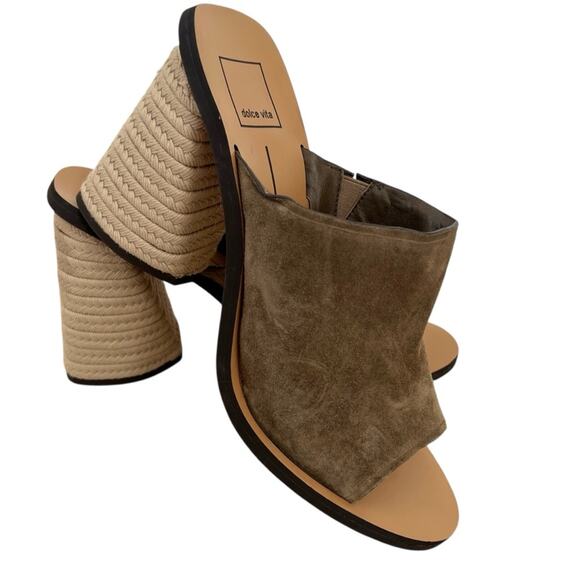 Dolce Vita Alba Olive Suede Open Toe Mules with Jute Woven Heel 9 - Picture 2 of 7